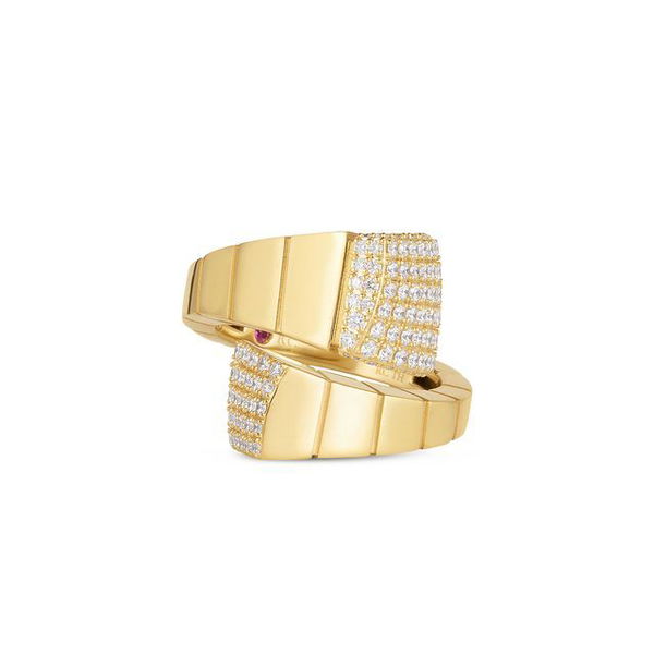 Closeup photo of Sauvage Prive Bypass Ring with Pave White Diamonds in 18kt Yellow Gold