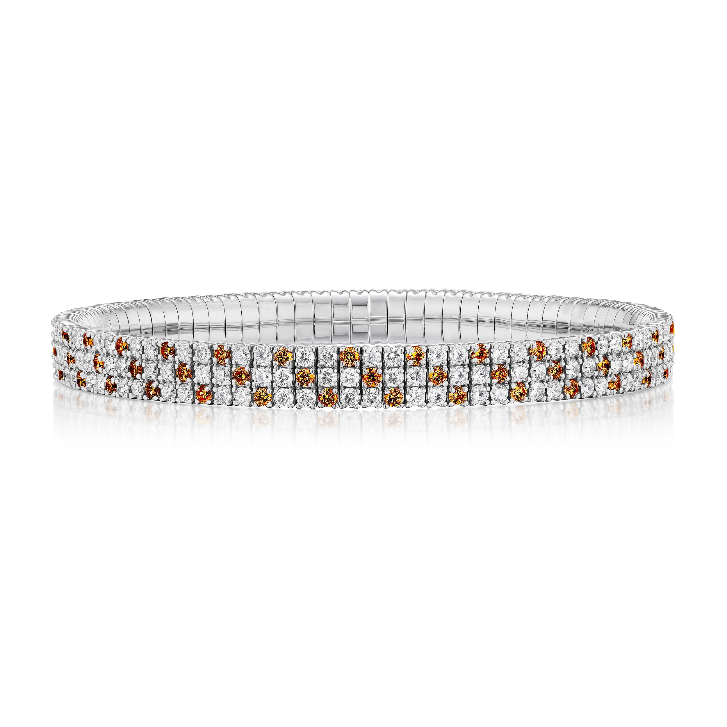 Checkerboard Triple Row Stretch Bracelet with White Diamonds and Orange Sapphires in 18kt White Gold