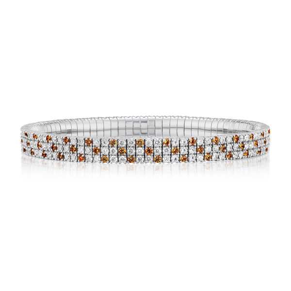 Closeup photo of Checkerboard Triple Row Stretch Bracelet with White Diamonds and Orange Sapphires in 18kt White Gold