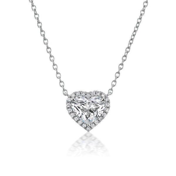 Closeup photo of Heart Shape Halo Pendant Necklace with White Diamonds in 18kt White Gold