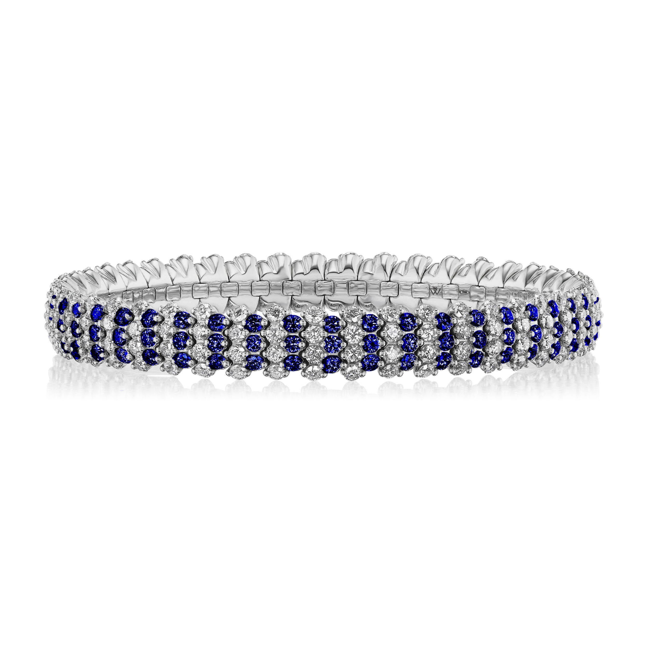 Multi Row Stretch Bracelet with White Diamonds and Blue Sapphires in 18kt White Gold