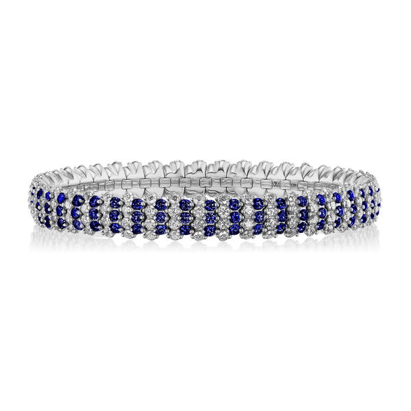 Closeup photo of Multi Row Stretch Bracelet with White Diamonds and Blue Sapphires in 18kt White Gold