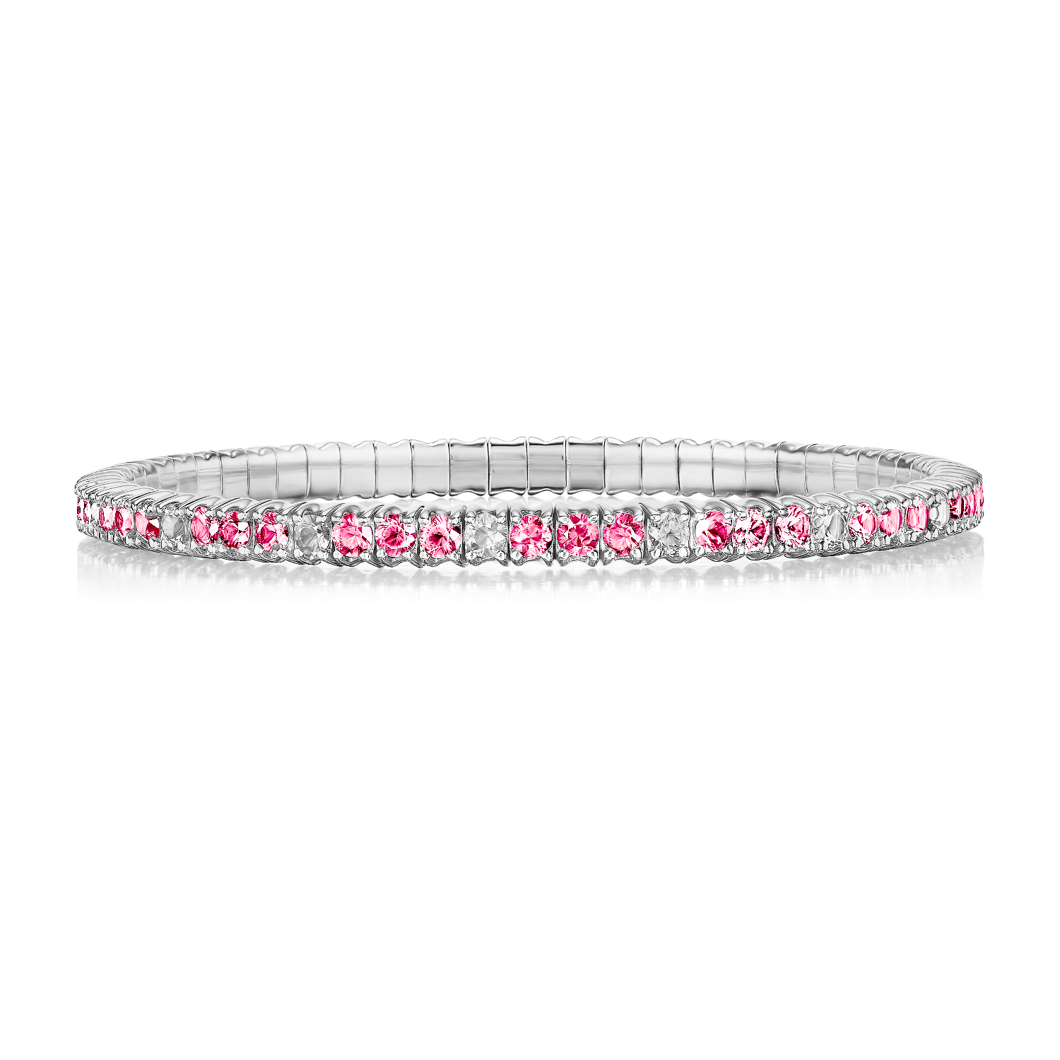 Single Line Stretch Tennis Bracelet with White and Pink Diamonds in 18kt White Gold