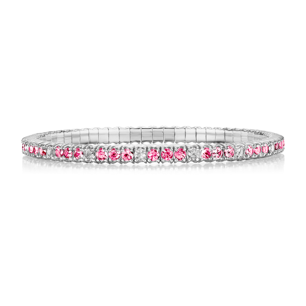 Closeup photo of Single Line Stretch Tennis Bracelet with White and Pink Diamonds in 18kt White Gold