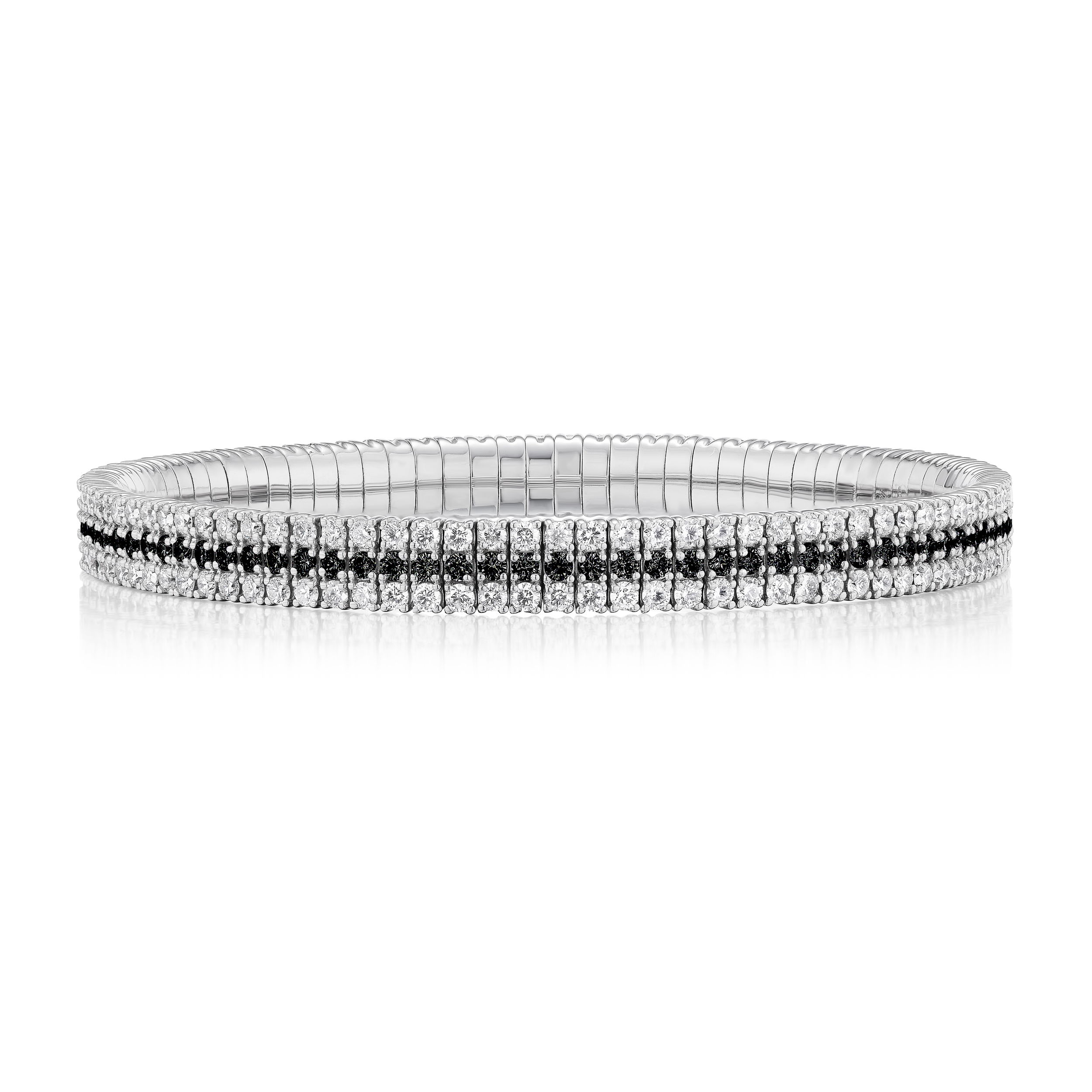 Three Row Stretch Bracelet with White and Black Diamonds in 18kt White Gold