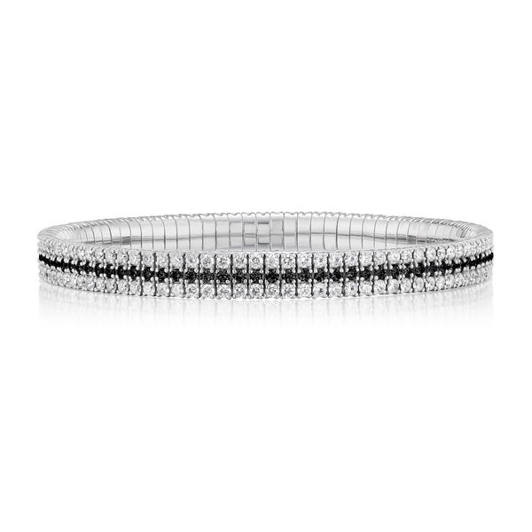 Closeup photo of Three Row Stretch Bracelet with White and Black Diamonds in 18kt White Gold