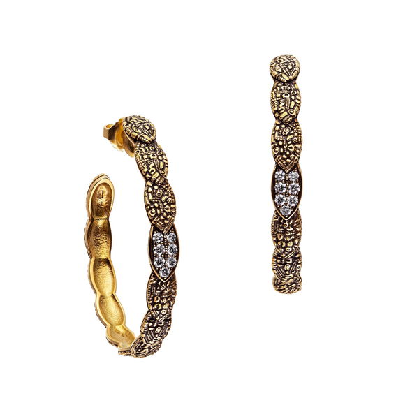 Closeup photo of Pave Leaf Hoop Earrings with White Diamonds in 18kt Yellow Gold