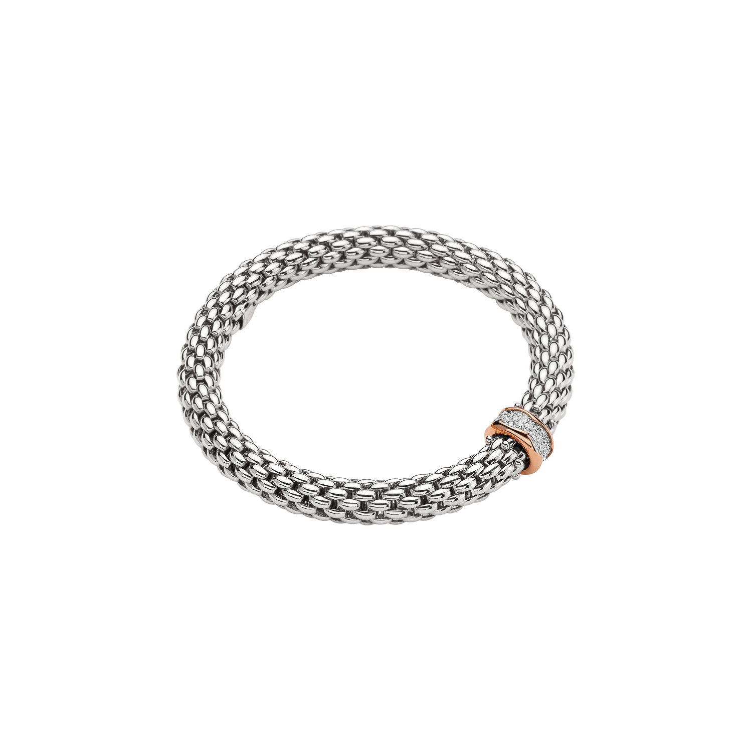 Love Nest Flex'It Bracelet in 18kt White Gold with one Rose Gold and White Diamond pave Element at 0.33ctw - The bracelet measures 7.3mm in diameter and is a size small, 16cm or 6.29 inches internal circumference. Love Nest Bracelet in 18kt White Gold with 1 Rose Gold and White Diamond Pave Element - 7.3mm - Size S