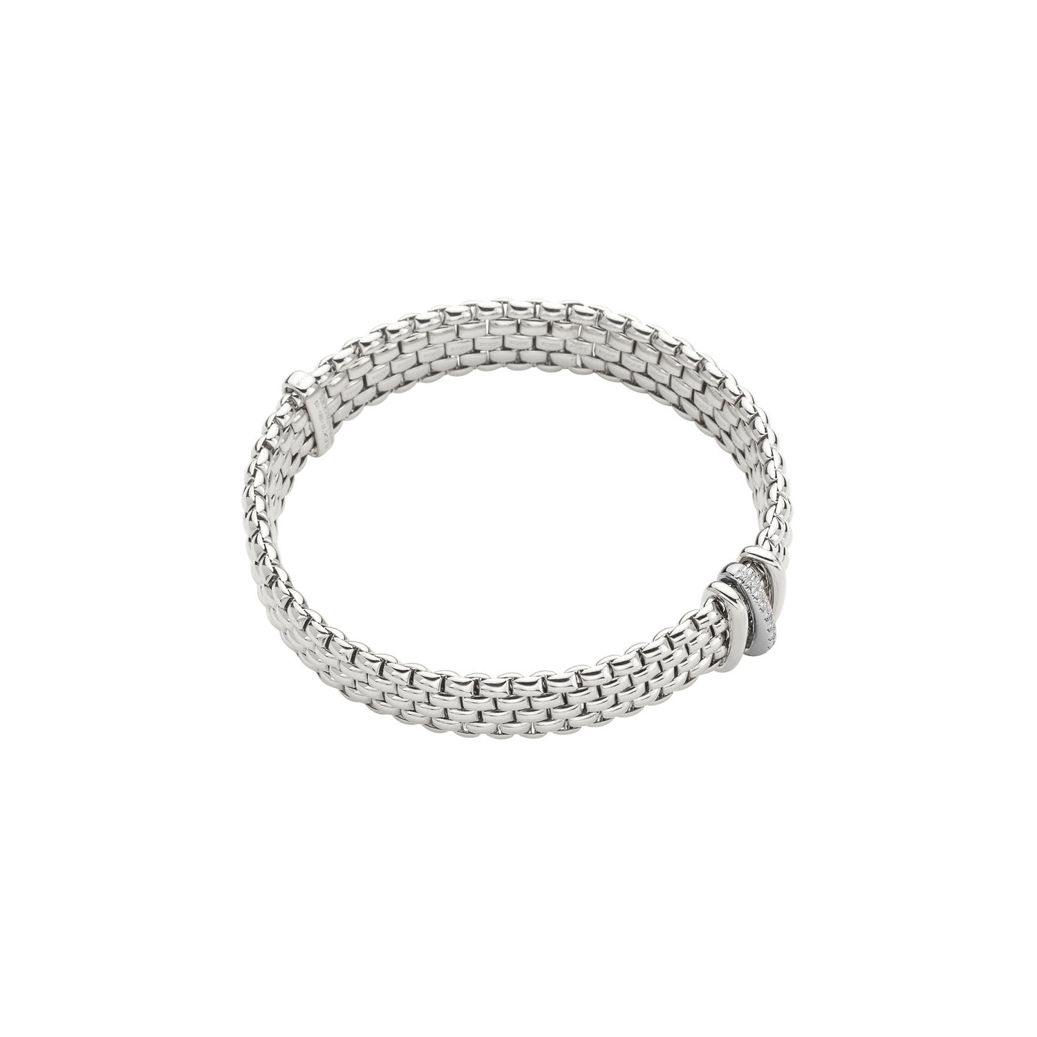 Panorama Flex'It Bracelet in 18kt White Gold with two plain White gold and one White Gold and White Pave Diamond Elements at 0.08ctw - The bracelet measures 9mm wide by 3.5mm deep and is a size large, 18cm or 7.08 inches internal circumference. Panorama Bracelet in 18kt White Gold with 2 White Gold and 1 White Gold Pave White Diamond Elements - 9mm - Size L