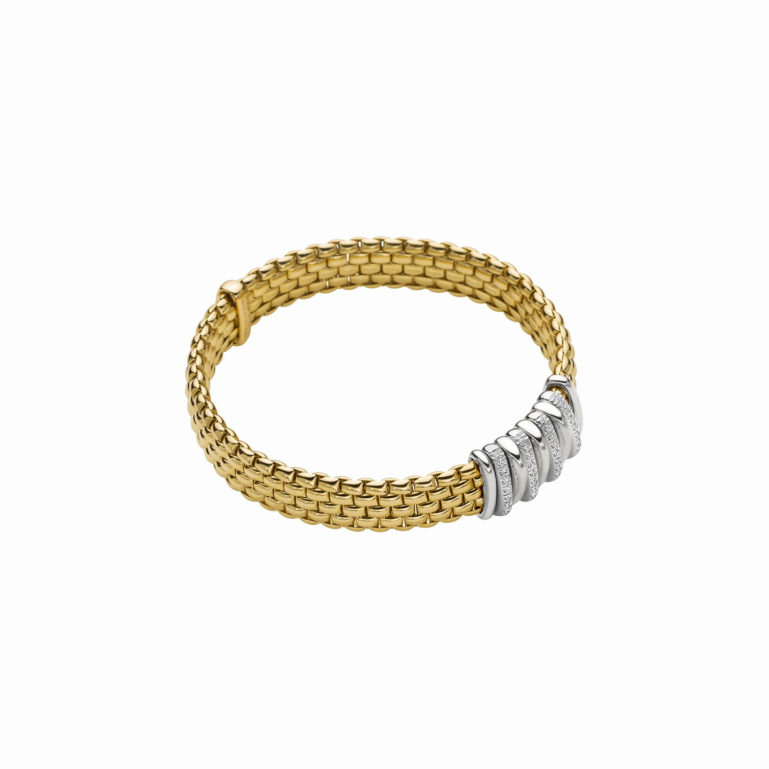 Panorama Bracelet in 18kt Yellow Gold with Alternating White Gold Bars and Pave Diamond Bars - 9mm - The bracelet measures 9mm wide by 3.5mm deep and is a size large, 18cm or 7.08 inches internal circumference. Panorama Bracelet in 18kt Yellow Gold with Alternating White Gold Bars and Pave Diamond Bars - 9mm - Size L