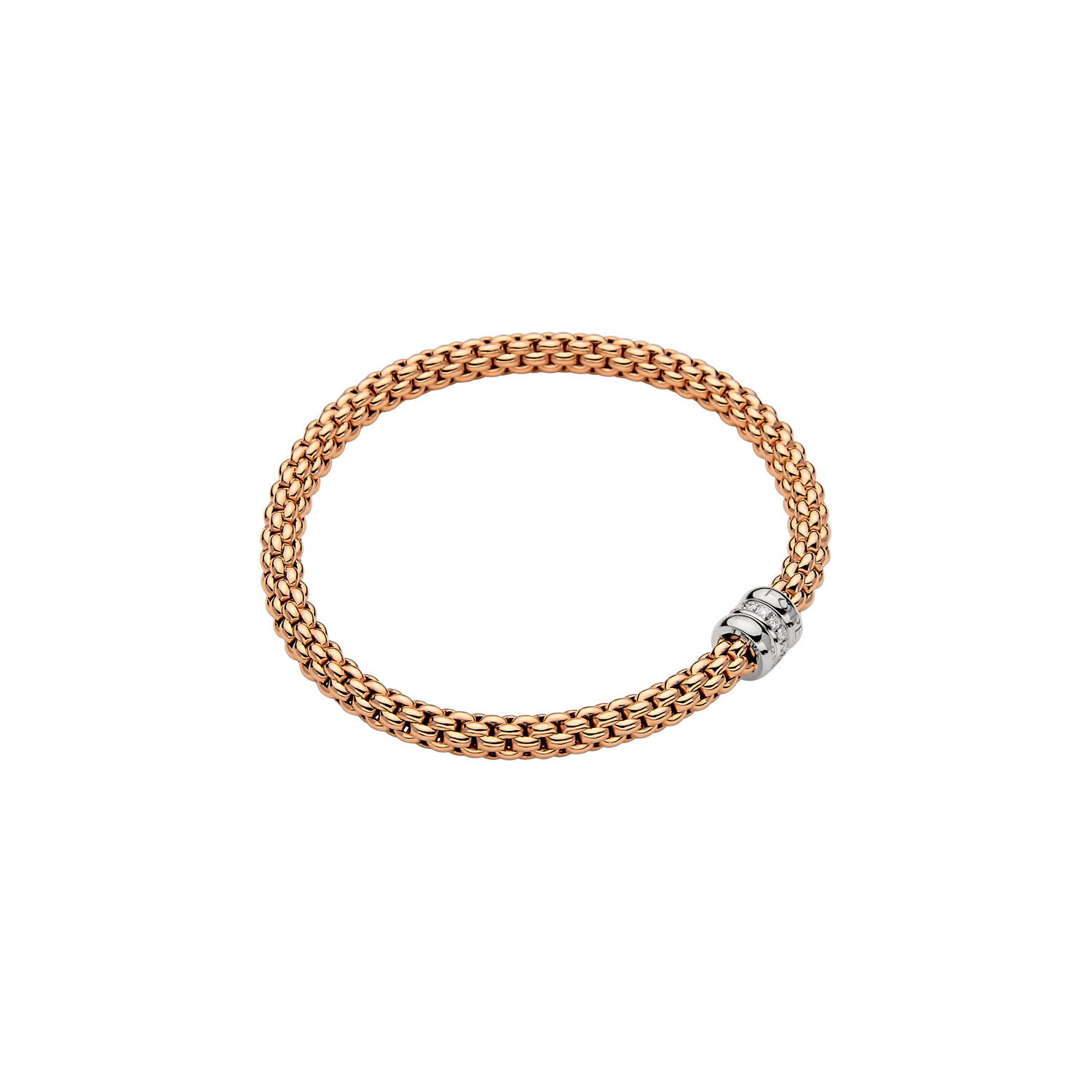 Solo Flex'It Bracelet in 18kt Rose Gold with two plain white gold elements and one White Gold and White Pave Diamond Element at 0.10ctw - The bracelet measures 4.9mm in diameter and is a size large, 18cm or 7.08 inches internal circumference. Solo Bracelet in 18kt Rose Gold with 2 Plain White Gold and 1 White Gold and White Diamond Pave Element - 4.9mm - Size L
