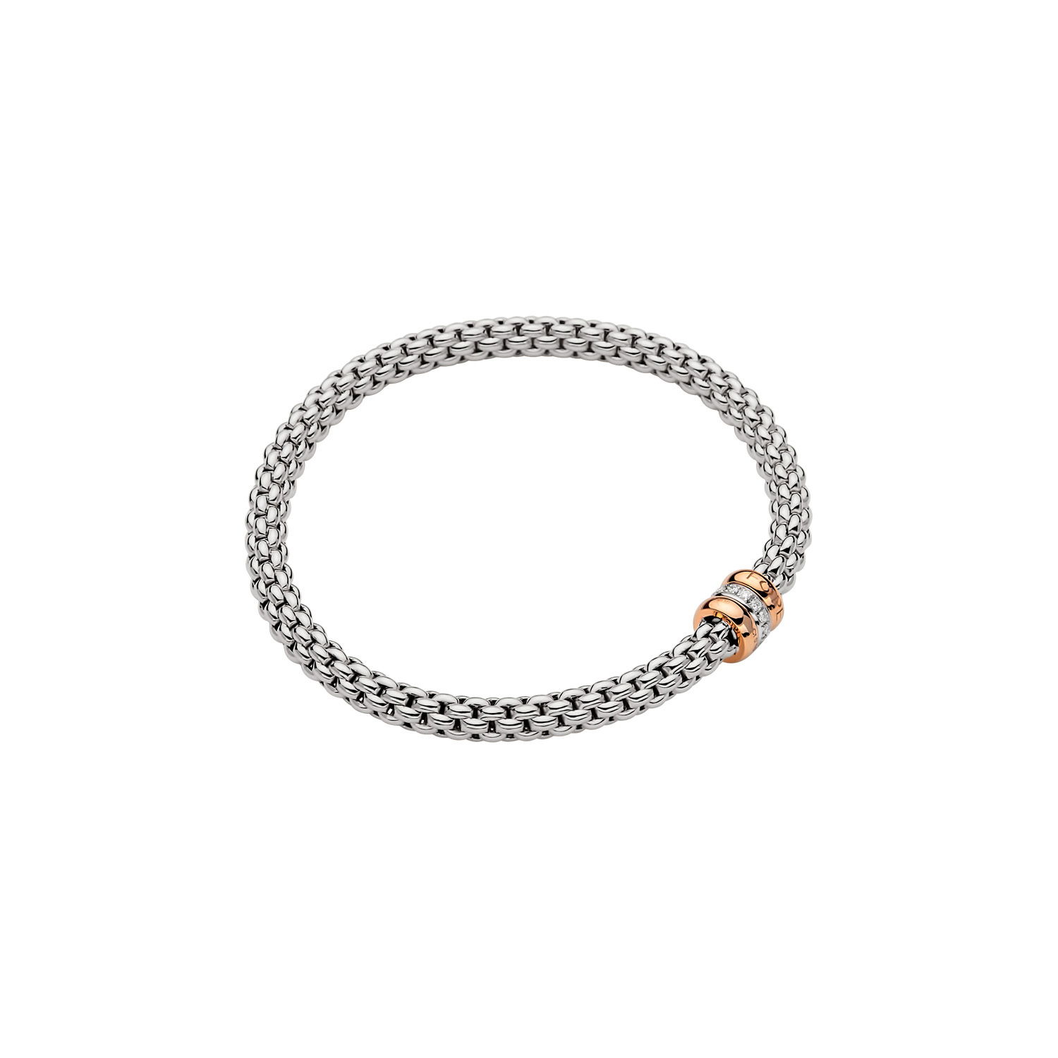 Solo Flex'It Bracelet in 18kt White Gold with two plain rose gold elements and one White Gold and White Pave Diamond Element at 0.10ctw - The bracelet measures 4.9mm in diameter and is a size small, 16cm or 6.29 inches internal circumference. Solo Bracelet in 18kt White Gold with 2 Plain Rose Gold and 1 White Gold and White Diamond Pave Element - 4.9mm - Size S