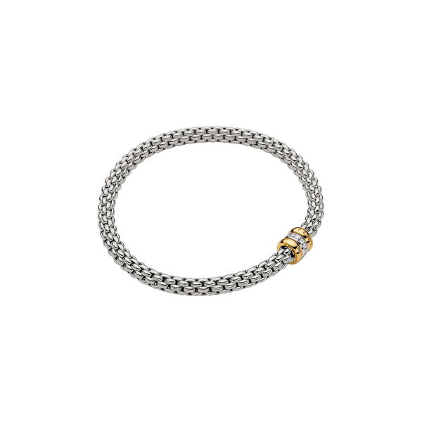 Closeup photo of Solo Bracelet in 18kt White Gold with 2 Plain Yellow Gold and 1 White Gold and White Diamond Pave Element - 4.9mm - Size L