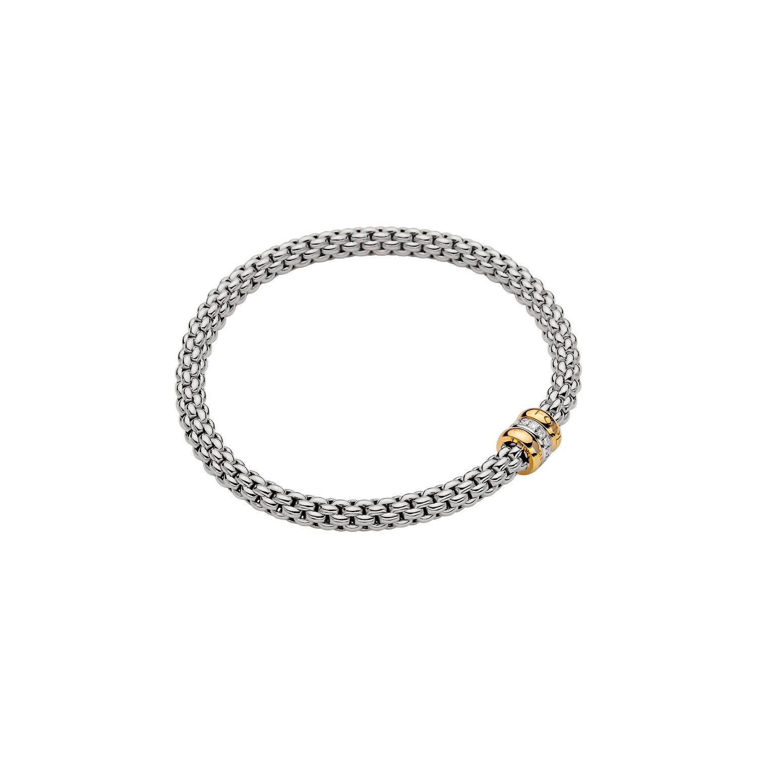 Solo Flex'It Bracelet in 18kt White Gold with two plain yellow gold elements and one White Gold and White Pave Diamond Element at 0.10ctw - The bracelet measures 4.9mm in diameter and is a size medium, 17cm or 6.69 inches internal circumference. Solo Bracelet in 18kt White Gold with 2 Plain Yellow Gold and 1 White Gold and White Diamond Pave Element - 4.9mm - Size M