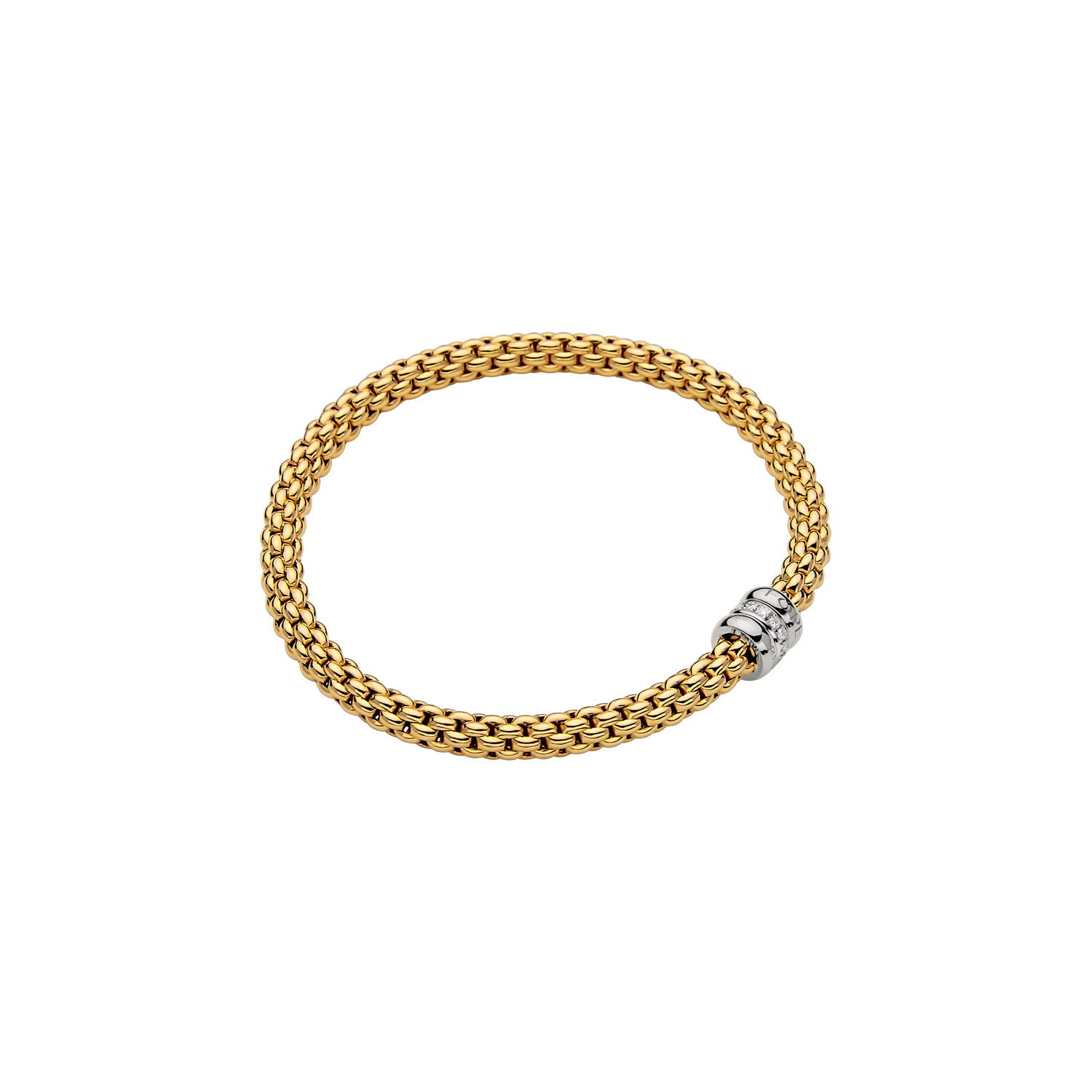 Solo Flex'It Bracelet in 18kt Yellow Gold with two plain white gold elements and one White Gold and White Pave Diamond Element at 0.10ctw - The bracelet measures 4.9mm in diameter and is a size extra large, 19cm or 7.48 inches internal circumference. Solo Bracelet in 18kt Yellow Gold with 2 Plain White Gold and 1 White Gold and White Diamond Pave Element - 4.9mm - Size XL