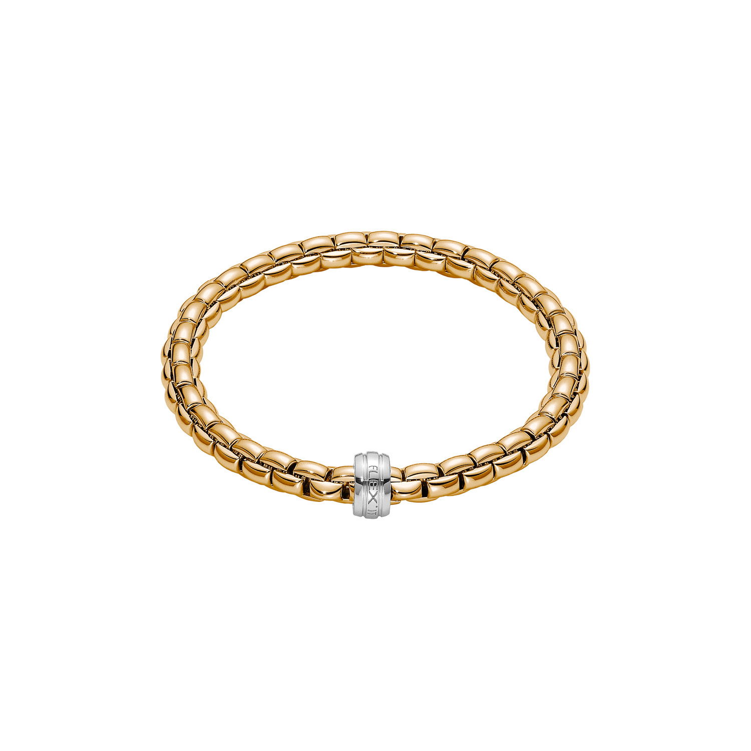 Eka Flex'It Bracelet in 18kt Yellow Gold with white gold element without diamonds - The bracelet measures 6.3mm in diameter and is a size small, 16cm or 6.29 inches internal circumference. Eka Bracelet in 18kt Yellow Gold with White Gold Element - 6.3mm - Size S