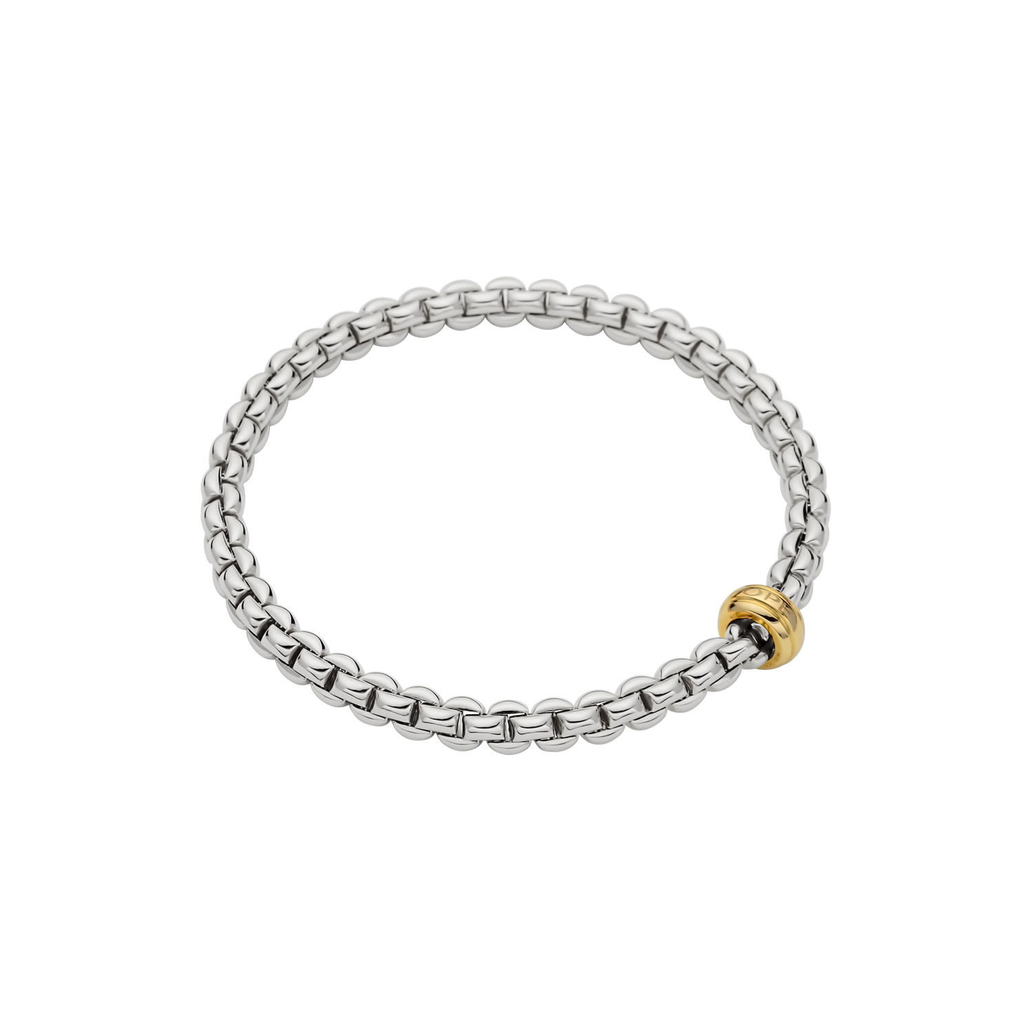 Eka Flex'It Bracelet in 18kt White Gold without diamonds and one plain yellow gold roundel - The bracelet measures 5.6mm in diameter and is a size extra small, 15cm or 5.90 inches internal circumference. Eka Bracelet in 18kt White Gold with Yellow Gold Element - 5.6mm - Size XS