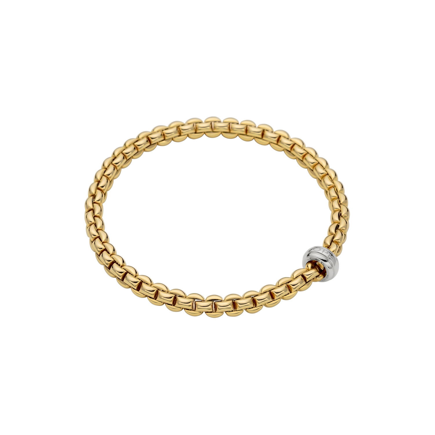 Eka Flex'It Bracelet in 18kt Yellow Gold without diamonds and one plain white gold roundel - The bracelet measures 5.6mm in diameter and is a size large, 18cm or 7.08 inches internal circumference. Eka Bracelet in 18kt Yellow Gold with White Gold Element - 5.6mm - Size L