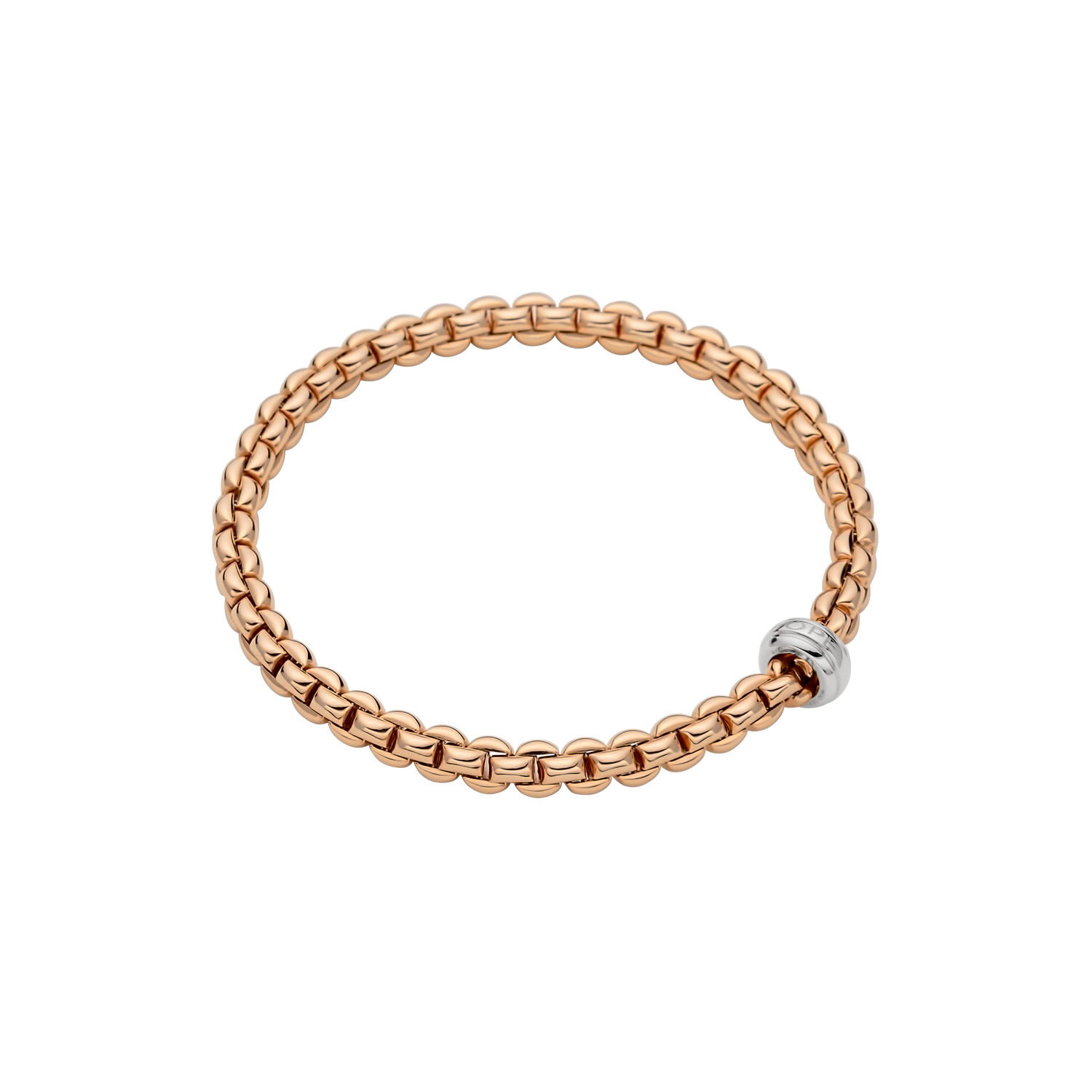 Eka Flex'It Bracelet in 18kt Rose Gold without diamonds and one plain white gold roundel - The bracelet measures 5.6mm in diameter and is a size medium, 17cm or 6.69 inches internal circumference. Eka Bracelet in 18kt Rose Gold with White Gold Element - 5.6mm - Size M