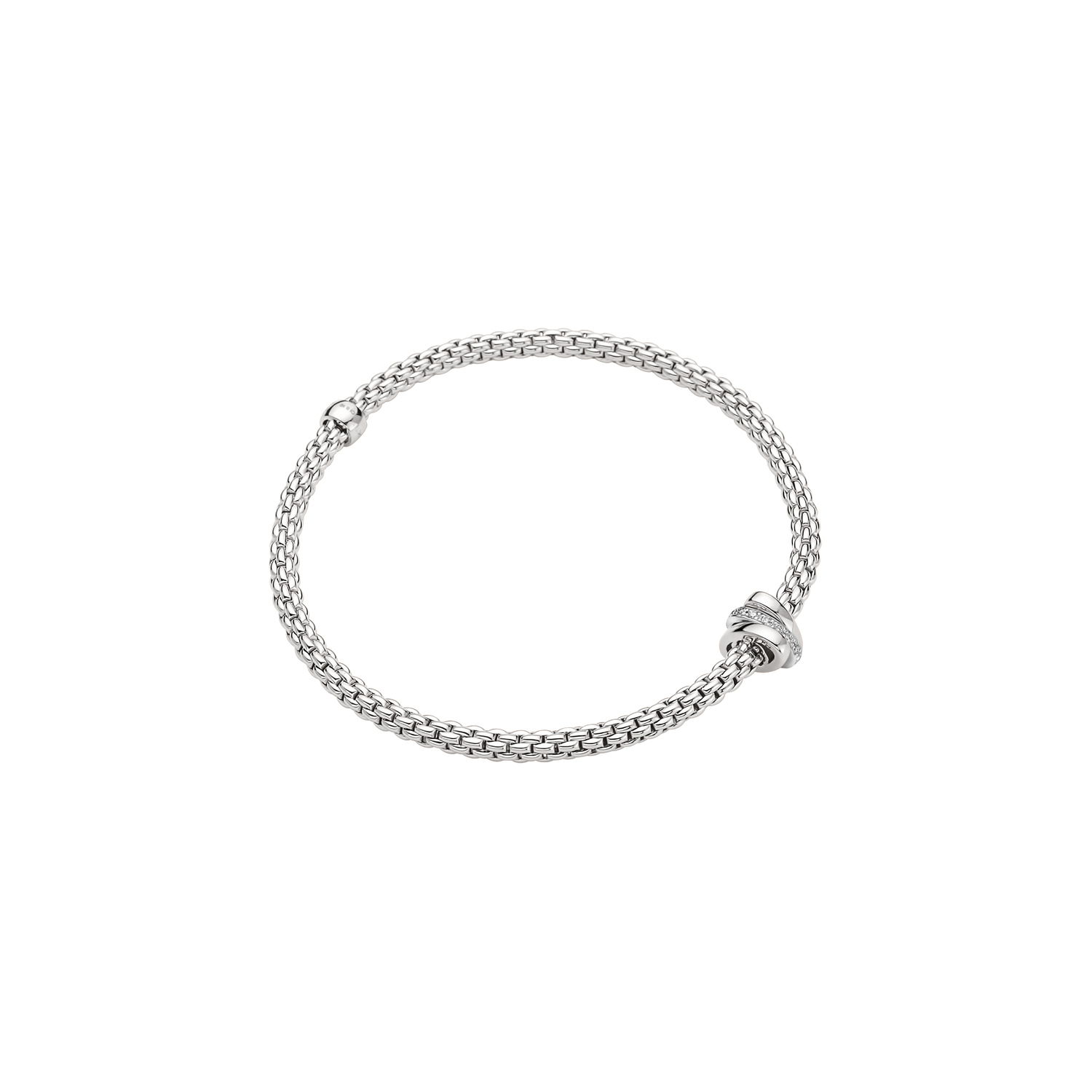 Prima Flex'It Bracelet in 18kt White Gold with two plain white gold and one White Gold and White Pave Diamond Elements at 0.10ctw - The bracelet measures 3.4mm in diameter and is a size medium, 17cm or 6.69 inches internal circumference. Prima Bracelet in 18kt White Gold with 2 White Gold and 1 White Gold Pave White Diamond Elements - 3.4mm - Size M
