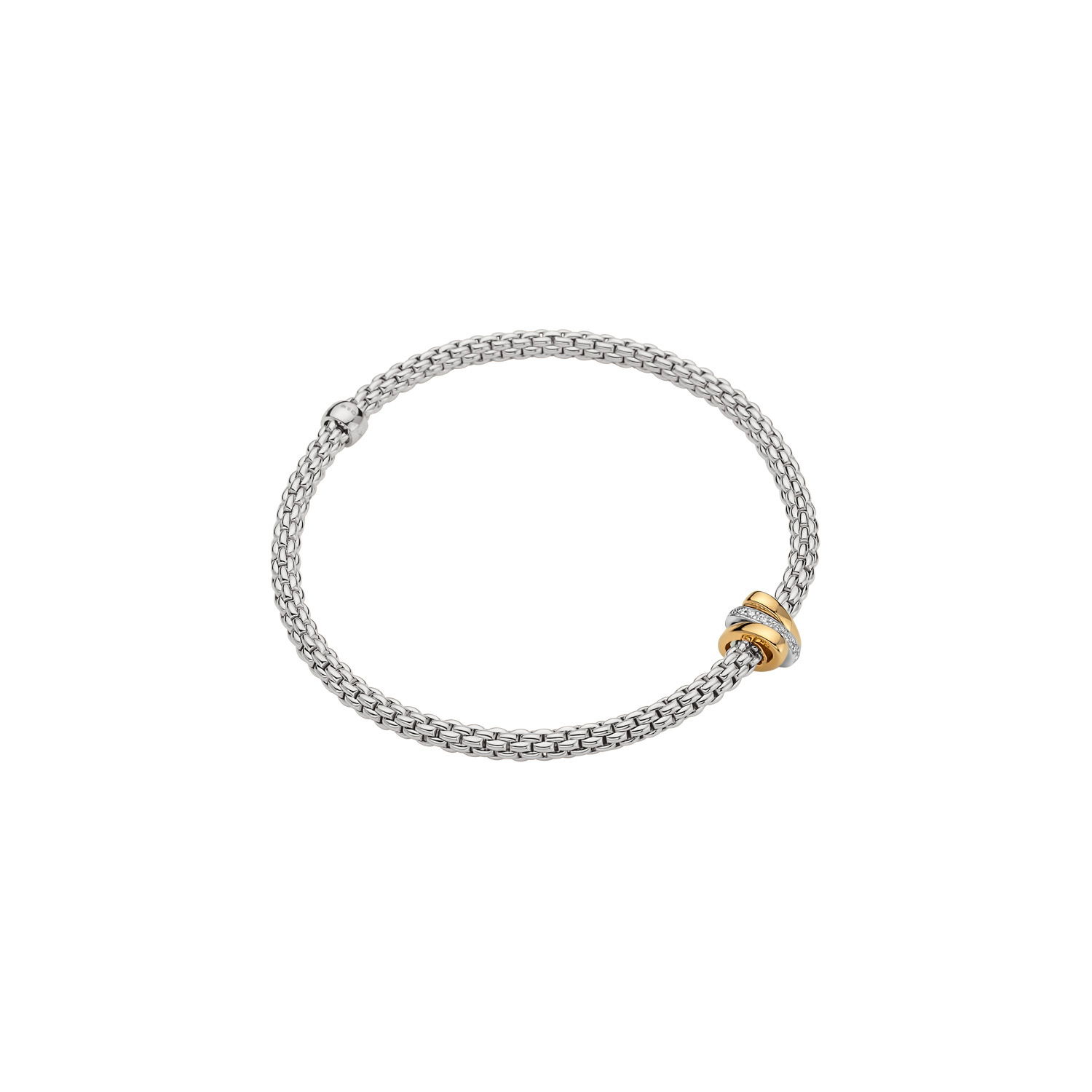 Prima Flex'It Bracelet in 18kt White Gold with two plain yellow gold and one White Gold and White Pave Diamond Elements at 0.10ctw - The bracelet measures 3.4mm in diameter and is a size large, 18cm or 7.08 inches internal circumference. Prima Bracelet in 18kt White Gold with 2 Yellow Gold and 1 White Gold Pave White Diamond Elements - 3.4mm - Size L