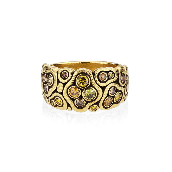 Closeup photo of Swirling Water Ring with Natural Color Diamonds in 18kt Yellow Gold