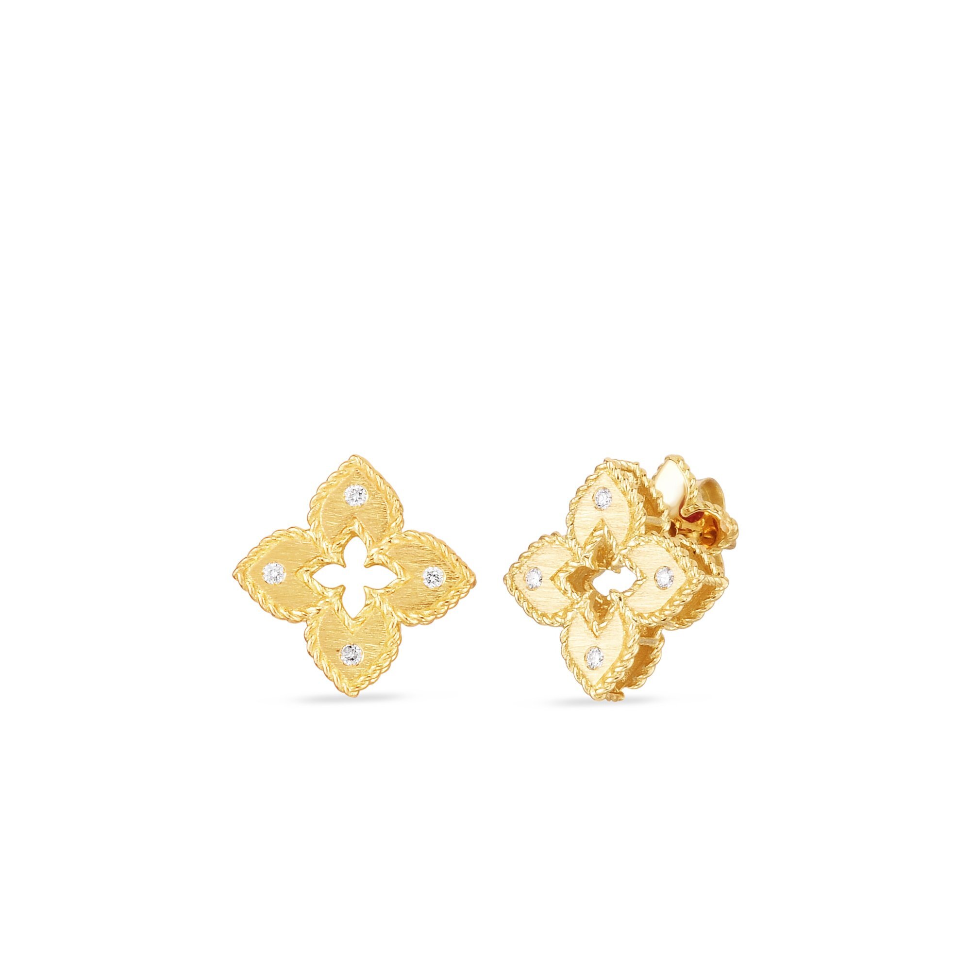 Petite Venetian Princess Extra Small Satin and Diamond Accent Flower Earrings in 18kt Yellow Gold