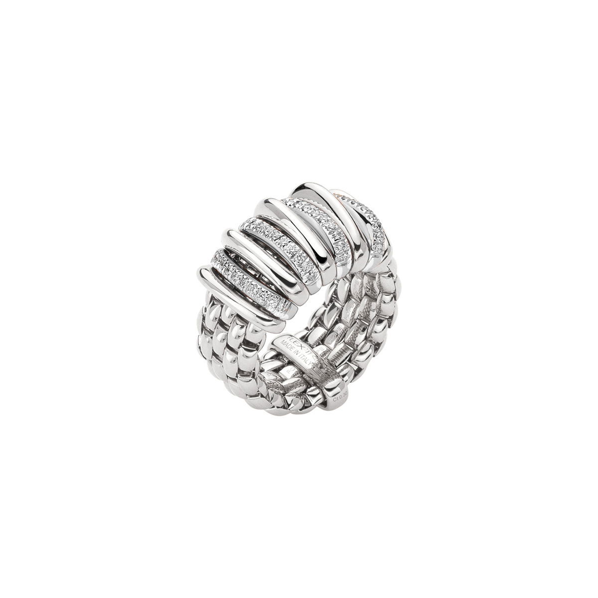 Panorama Flex'It Ring in 18kt White gold with four white gold bars with pave diamonds at 0.30ctw in white diamonds and five plain white gold bars alternating.- Size Medium (7 - 8) Panorama Ring in 18kt White Gold with 4 White Gold and White Diamond Pave Bars and 5 White Gold Bars - M