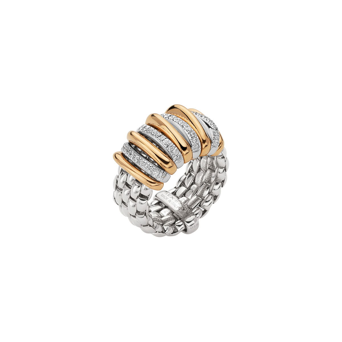 Panorama Flex'It Ring in 18kt White gold with four white gold bars with pave diamonds at 0.30ctw in white diamonds and five plain rose gold bars alternating.- Size Medium (7 - 8) Panorama Ring in 18kt White Gold with 4 White Gold and White Diamond Pave Bars and 5 Yellow Gold Bars - M