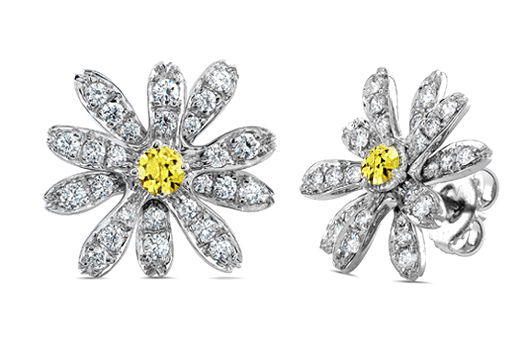 Diamond Pave Small Daisy Earrings with Yellow Sapphire Centers in 18kt White Gold