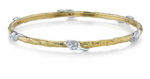 Small Width Arbor Bangle Bracelet with 6 Diamond Leaves in Burnished 19kt Yellow Gold