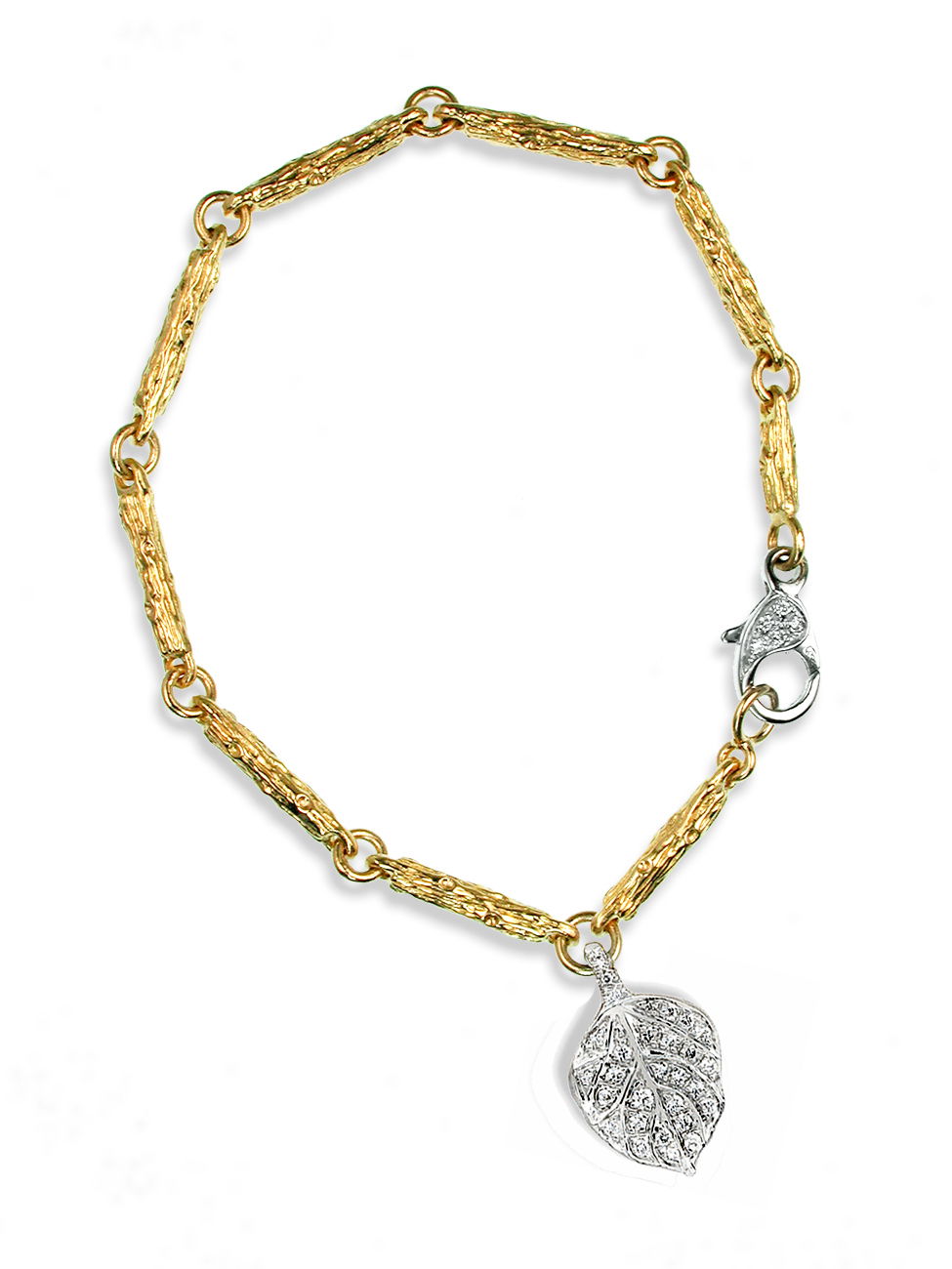 Branch Link Bracelet with Diamond Leaf Charm in 18kt White Gold and 19kt Yellow Gold