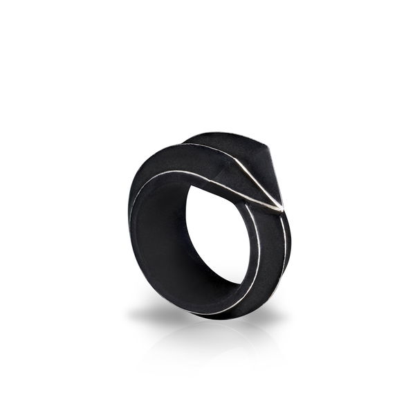 Closeup photo of Mr Graham Spear Pointed Ring in Black Chrome