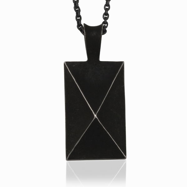 Closeup photo of Mr Graham Spear Rectangle Pendant Necklace in Black Chrome and Sterling Silver