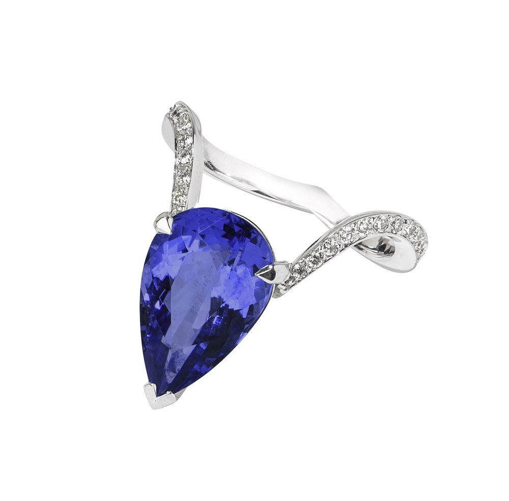 Magnipheasant Pear Inner Cocktail Ring with 5.81ct Tanzanite in 18kt White Gold