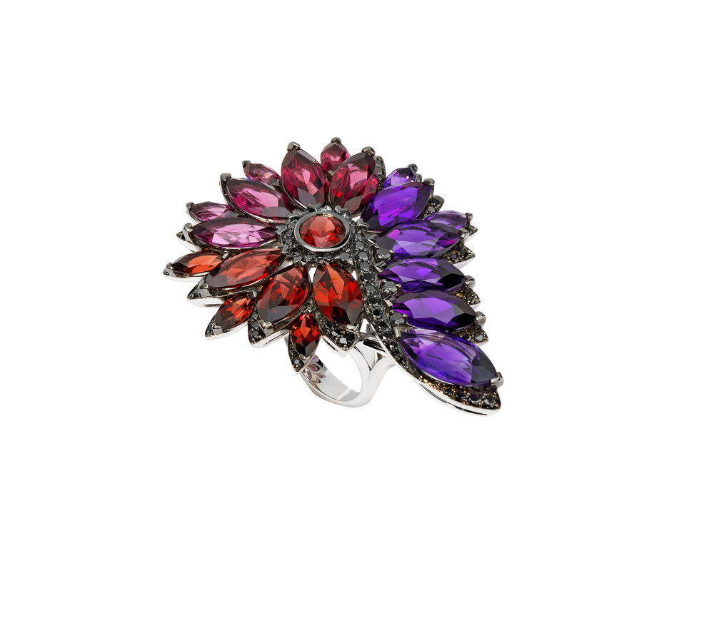 No Regrets Magnipheasant Feathers Cocktail Ring II with Garnets and Amethyst in 18kt White Gold - Size 7