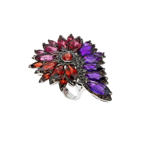 Closeup photo of No Regrets Magnipheasant Feathers Cocktail Ring II with Garnets and Amethyst in 18kt White Gold - Size 7