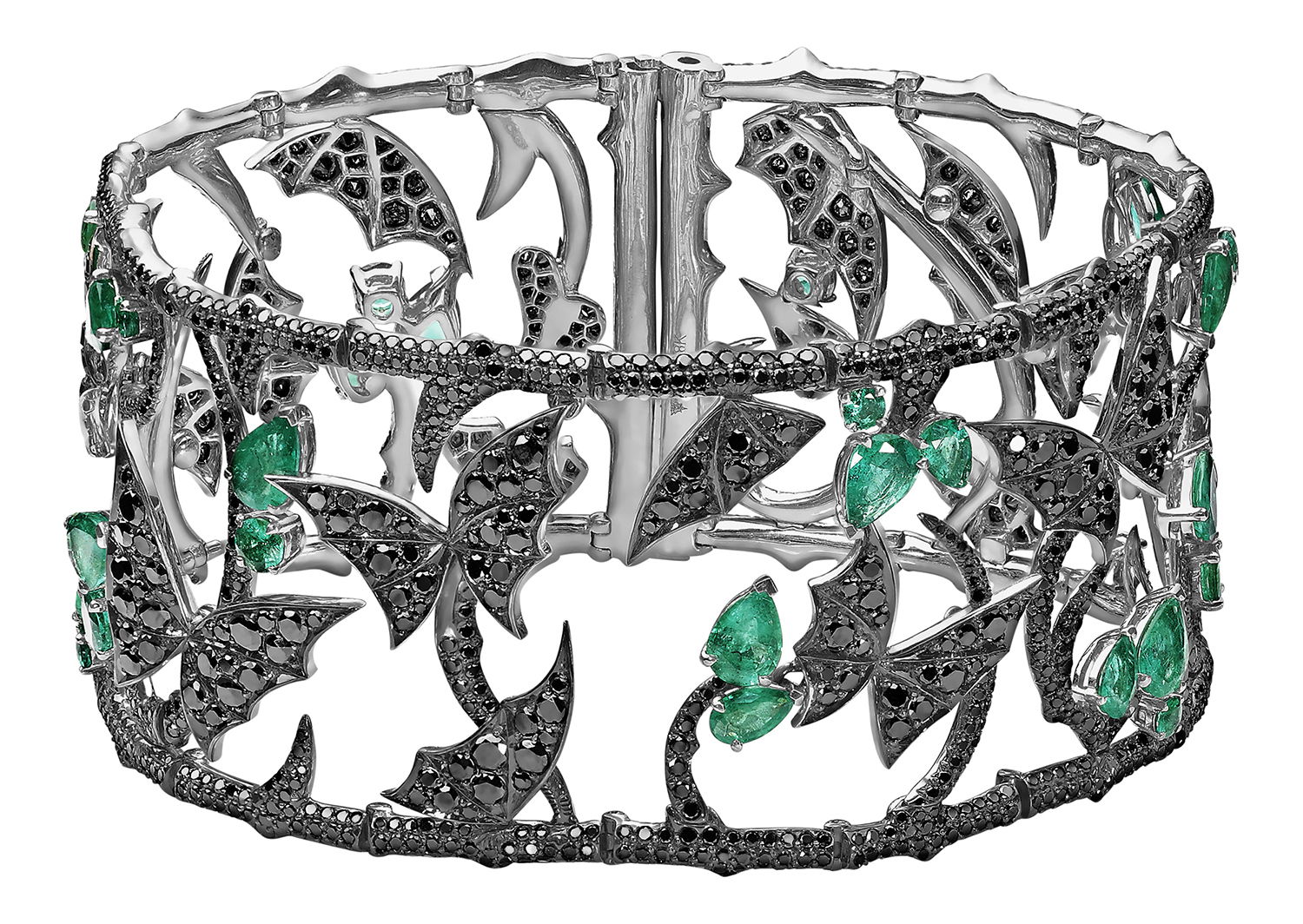 Fly By Night Forest Wide Cuff Bracelet with Emeralds and Black Diamonds in 18kt White Gold