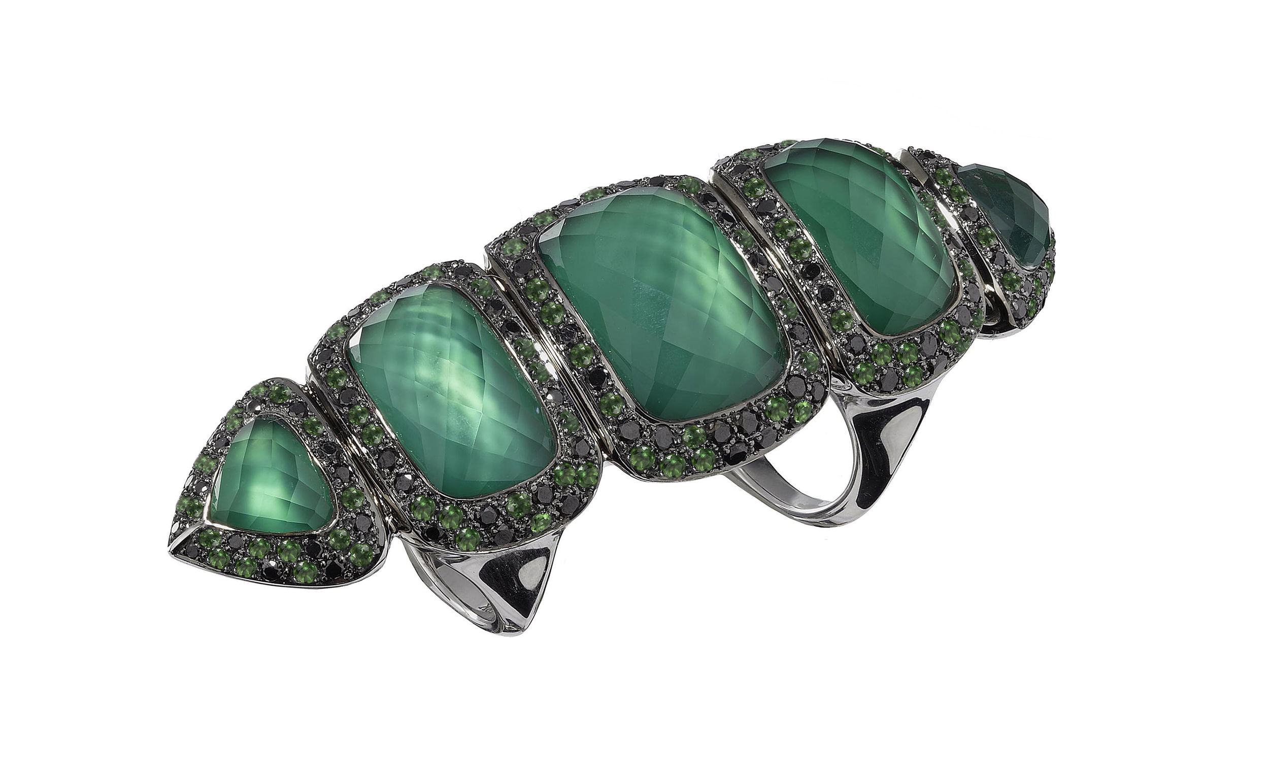 No Regrets Deco Haze CH2 Full Finger Ring with Green Agate and Black Diamonds in 18kt White Gold