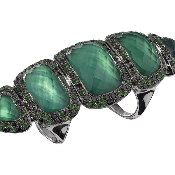 Closeup photo of No Regrets Deco Haze CH2 Full Finger Ring with Green Agate and Black Diamonds in 18kt White Gold