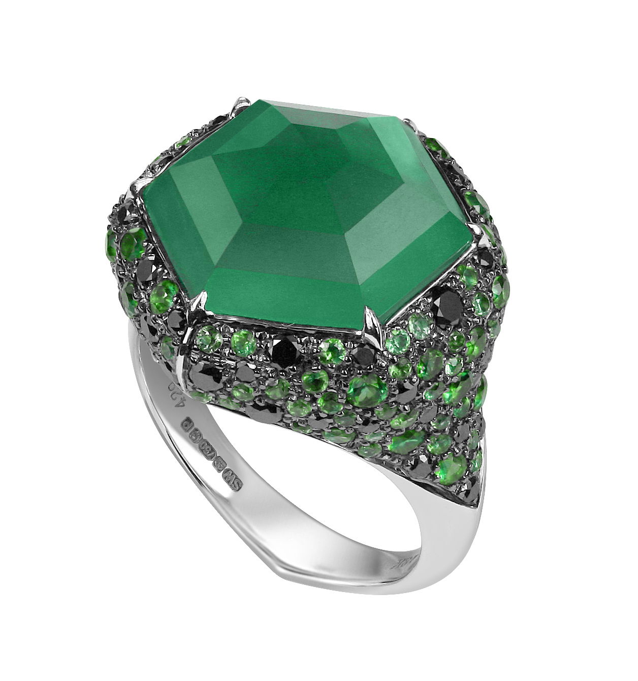 No Regrets Deco Haze CH2 Pave Ring with Green Agate and White and Black Diamonds in 18kt White Gold