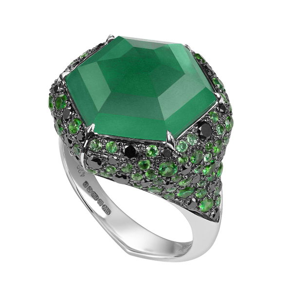 Closeup photo of No Regrets Deco Haze CH2 Pave Ring with Green Agate and White and Black Diamonds in 18kt White Gold