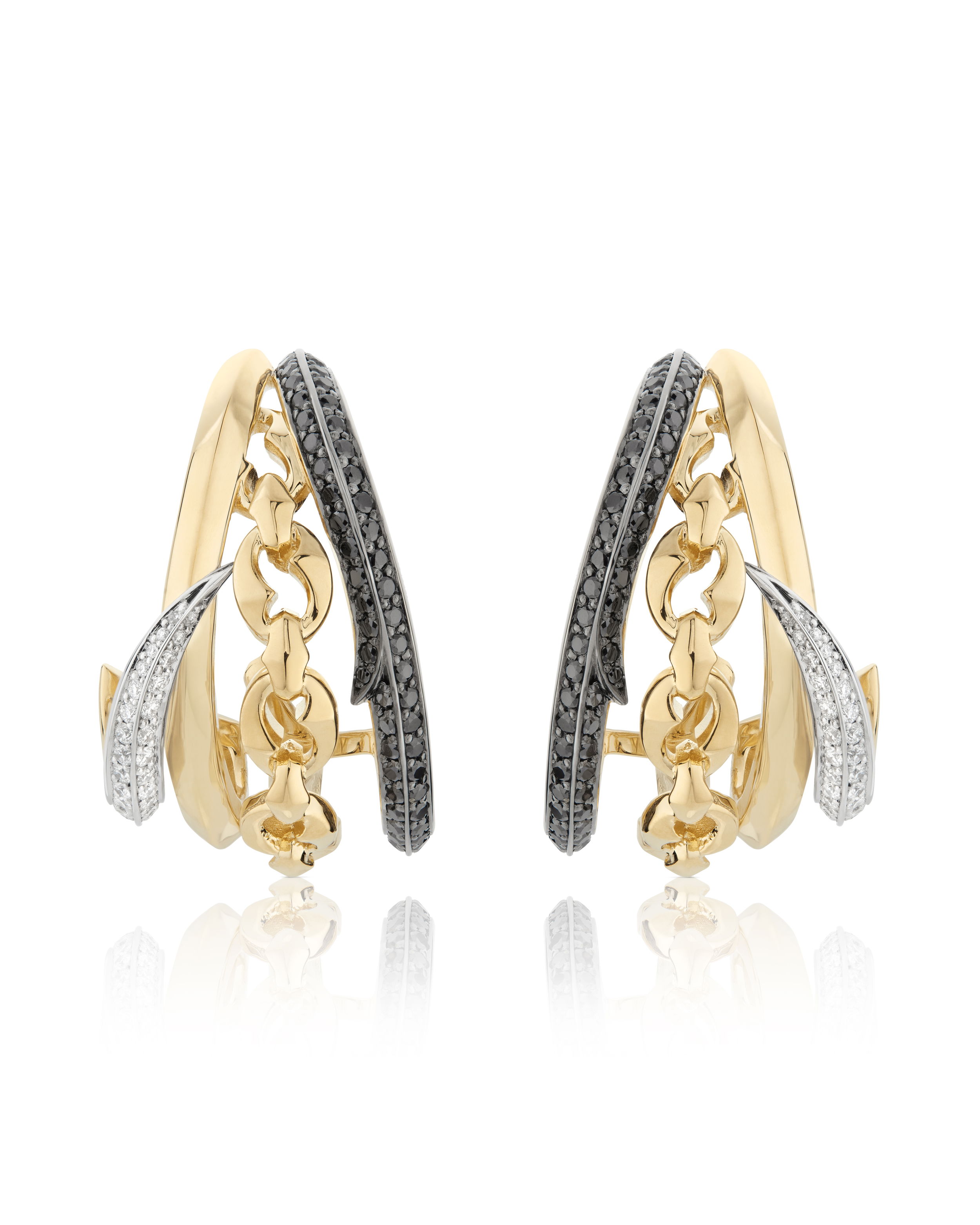 Thorn Embrace Bound Together Cuff Earrings with White and Black Diamonds in 18kt Yellow Gold