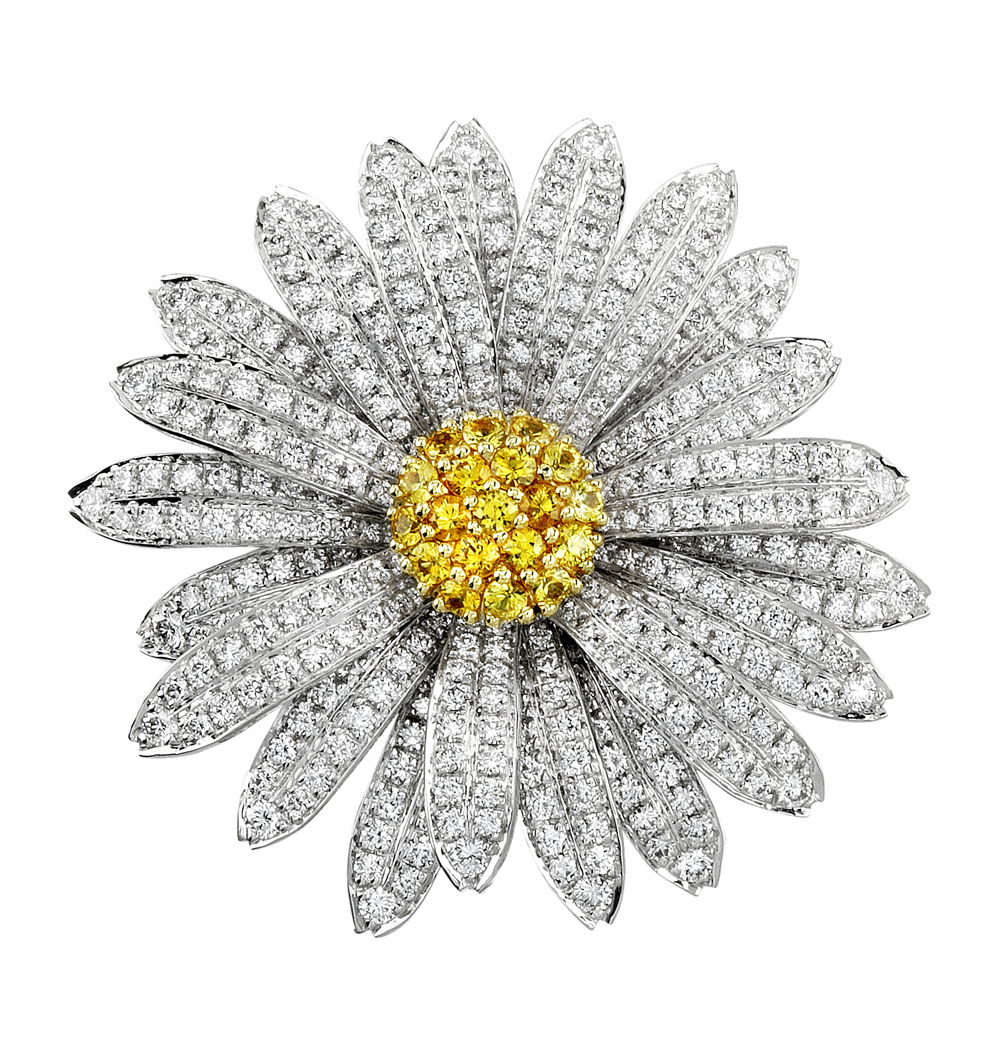Daisy Flower Brooch with White Diamonds and Yellow Sapphires in 18kt White and Yellow Gold by Aaron Henry. 18kt white gold petals hold 5.75ctw of white diamonds with an 18kt yellow gold center containing 1.35ctw of yellow sapphires. Daisy Flower Brooch with White Diamonds and Yellow Sapphires in 18kt White and Yellow Gold