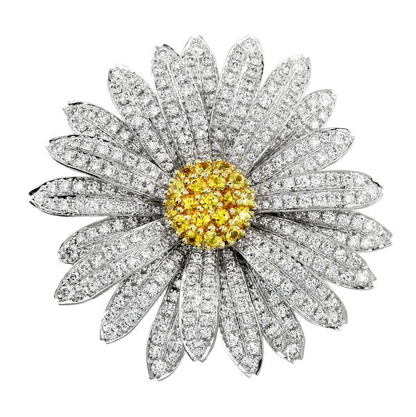 Closeup photo of Daisy Flower Brooch with White Diamonds and Yellow Sapphires in 18kt White and Yellow Gold