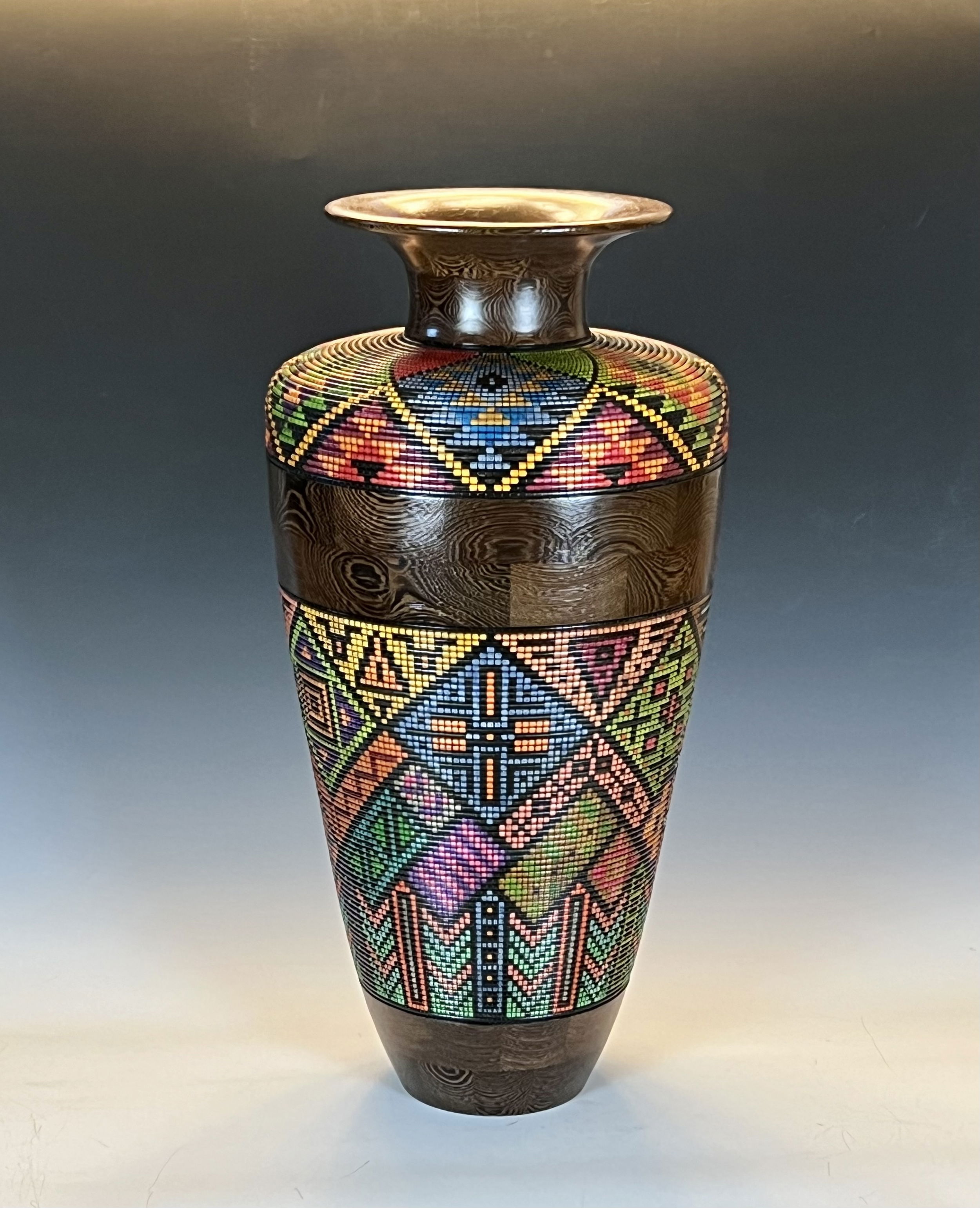 Tall Beaded and Pained Vase in Wenge and Maple Wood