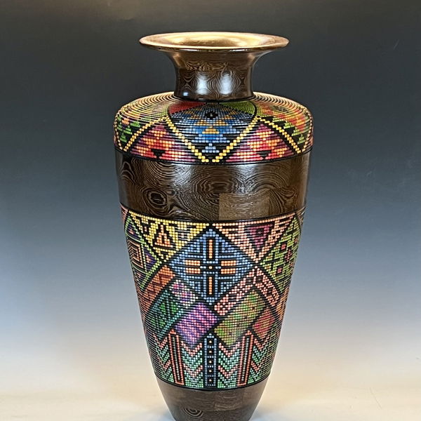 Closeup photo of Tall Beaded and Pained Vase in Wenge and Maple Wood