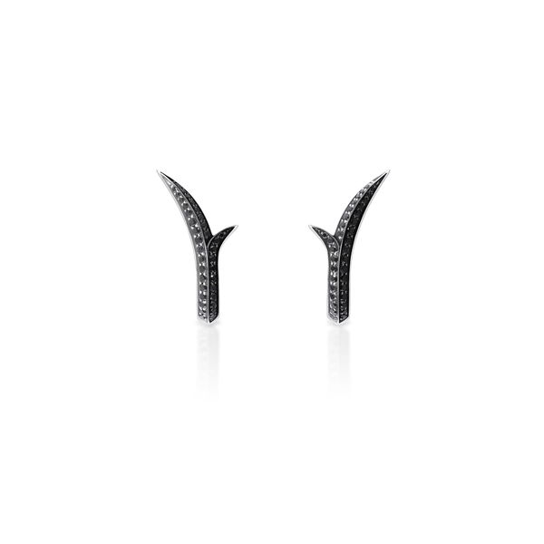 Closeup photo of Thorn Embrace Stem Stud Earrings with Black Diamonds in 18kt White Gold with Black Rhodium