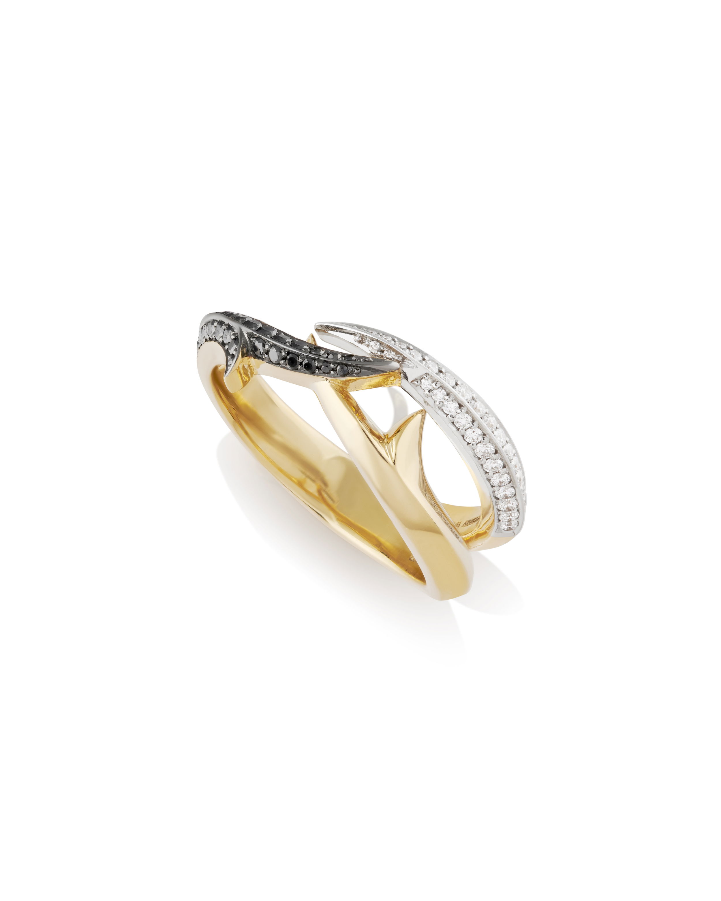 Thorn Embrace Bound Together Narrow Band Ring with White and Black Diamonds in 18kt Yellow and White Gold