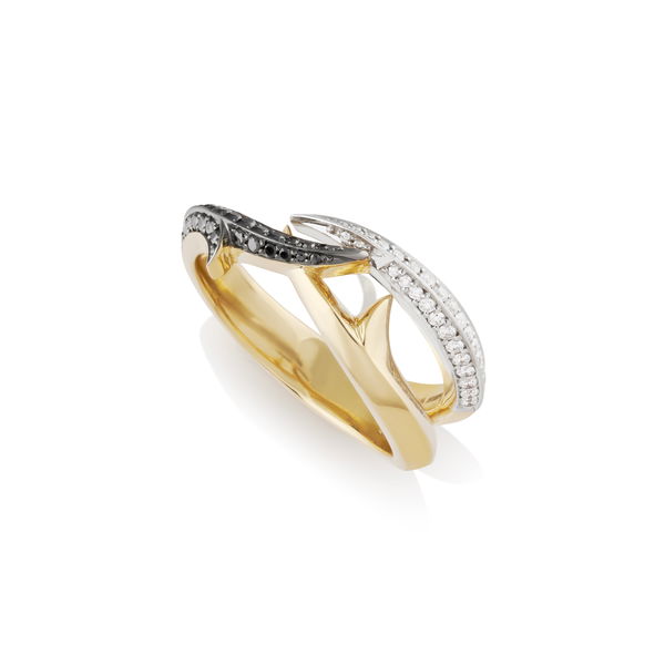 Closeup photo of Thorn Embrace Bound Together Narrow Band Ring with White and Black Diamonds in 18kt Yellow and White Gold